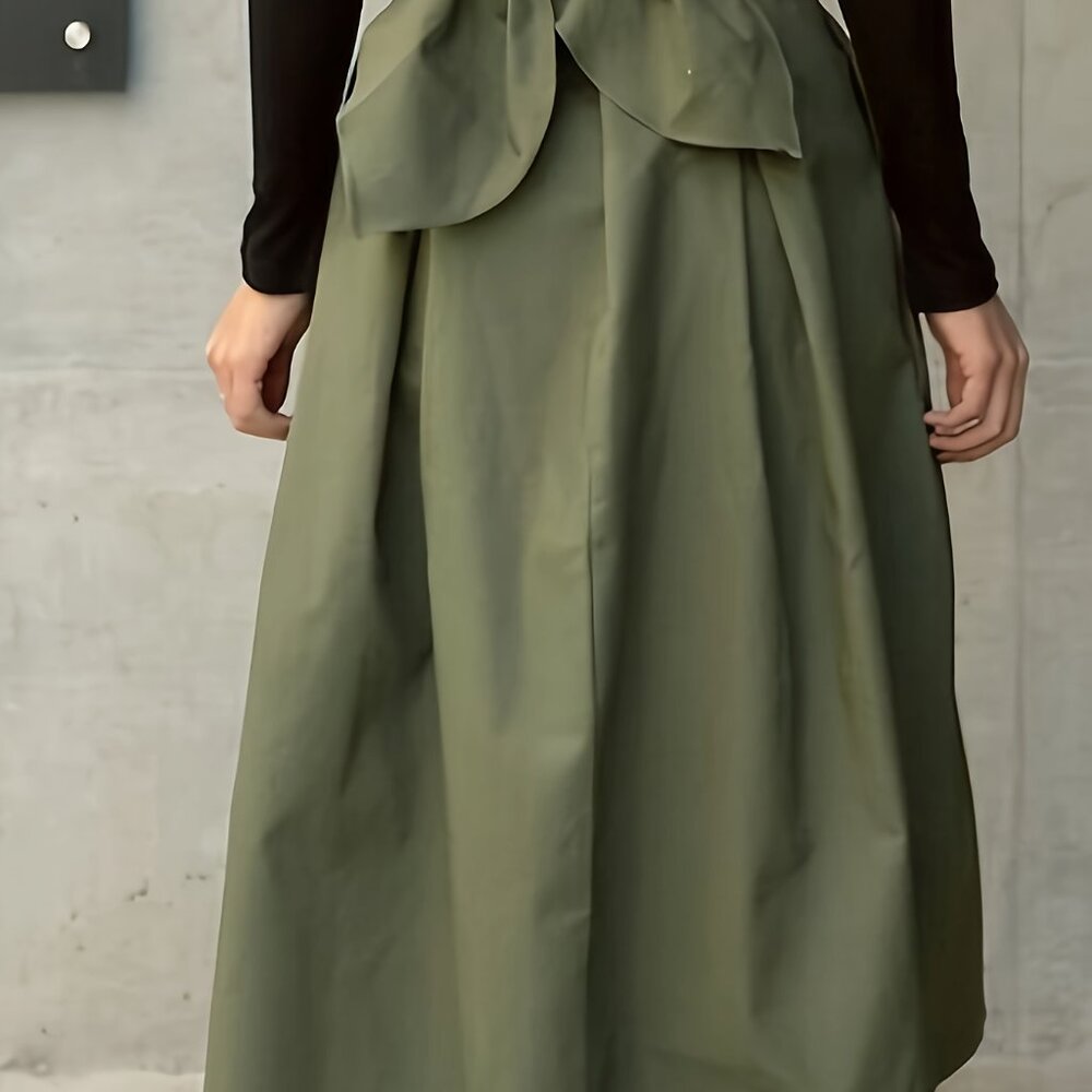 Elegant Army Green Polyester A-Line Skirt with Belt - Picture 7 of 7